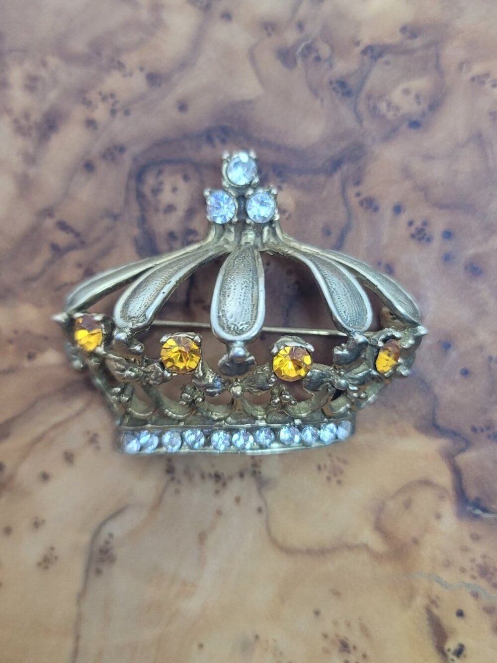 Vintage Sterling & Crystal Crown Brooch by Jomaz